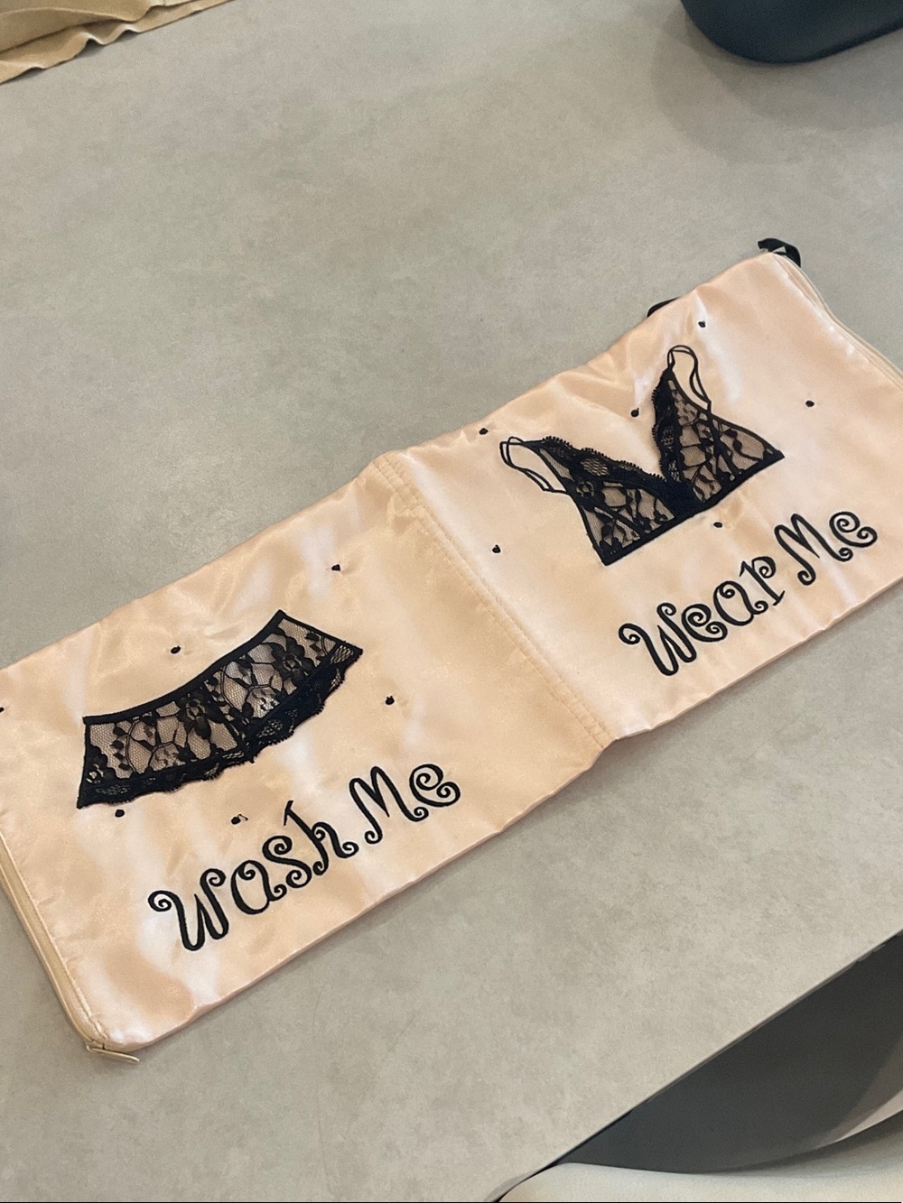 Lingerie Care Travel Pouch - Blush Pink with Black Lace Motifs